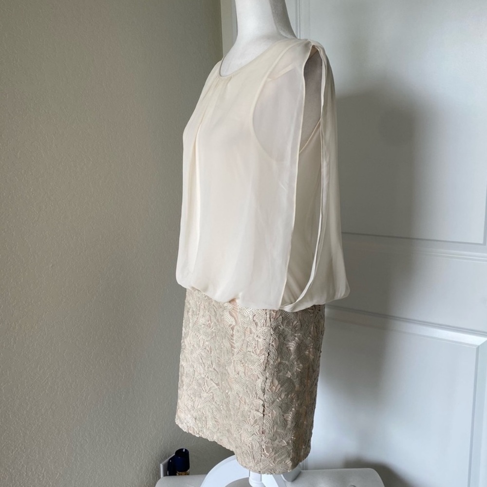 🛳 Designer’s Aidan Mattox Beige Drape Chiffon Cocktail Sequin Dress - Picture 11 of 16